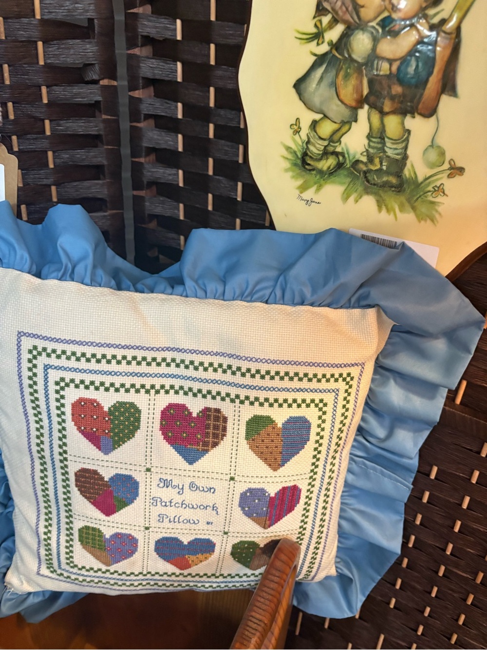 Blue Ruffled Patchwork Heart Pillow